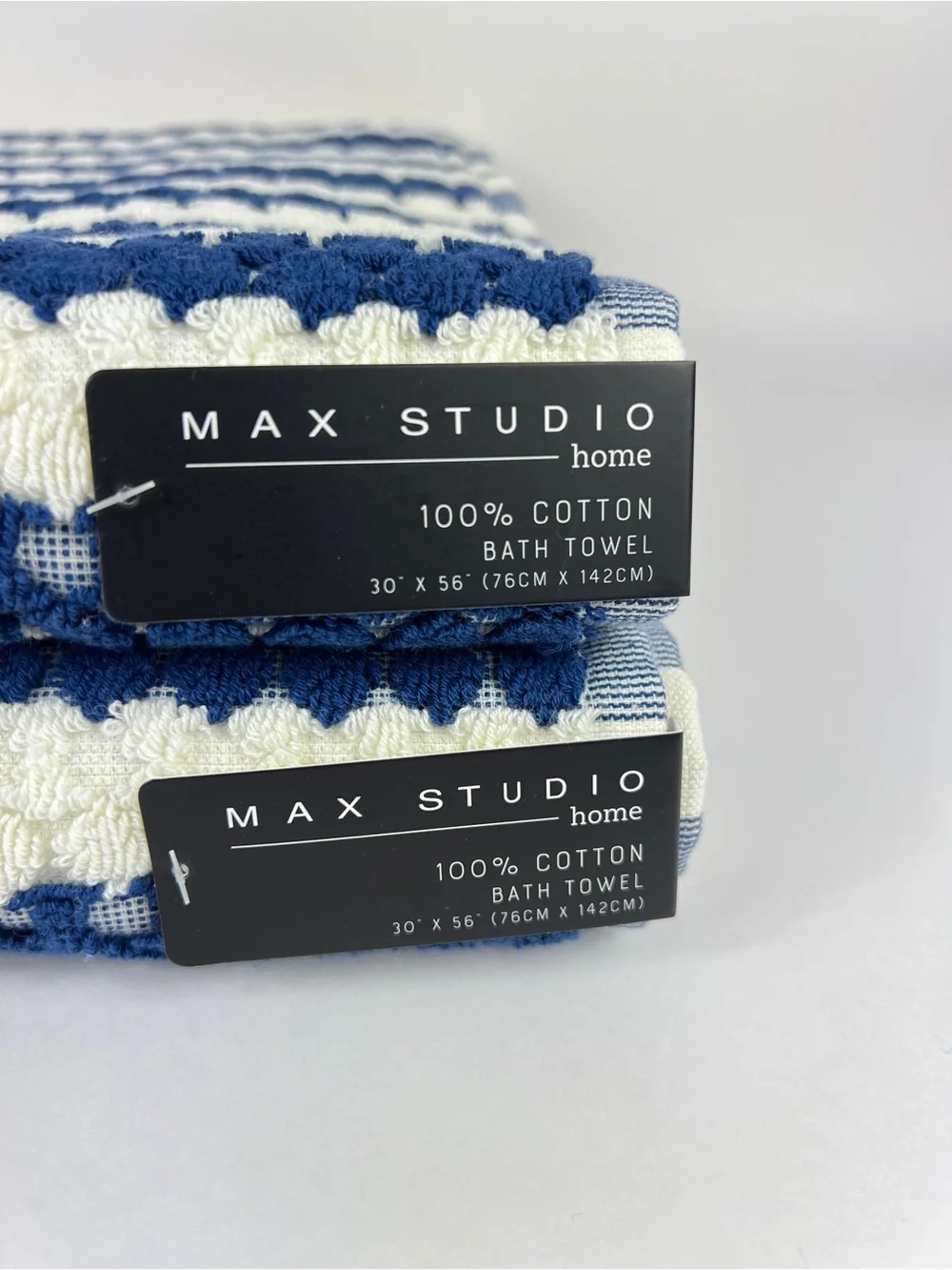 Max Studio Bath Towels Navy Cream Stripe Waffle Texture Soft Cotton 2 Pc NEW